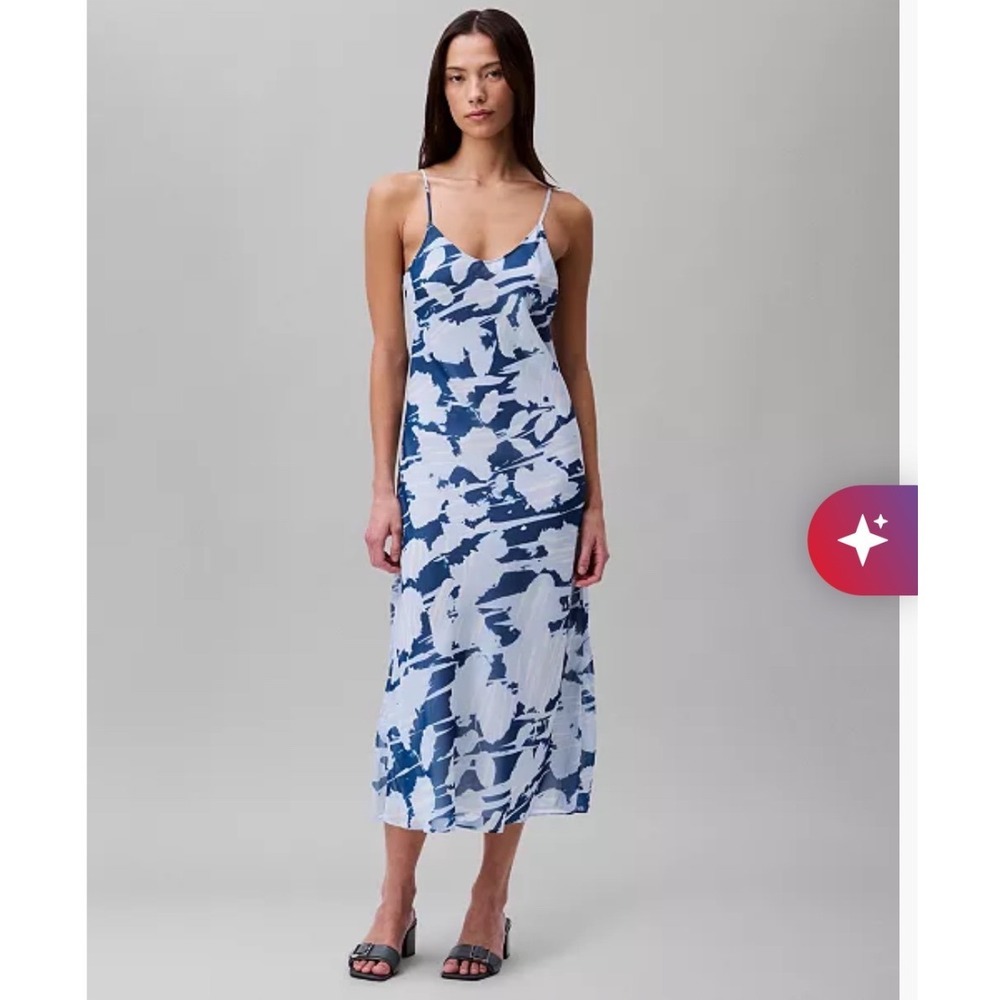 Calvin Klein Blue White Abstract Floral Chiffon Midi Slip Dress NWT Large